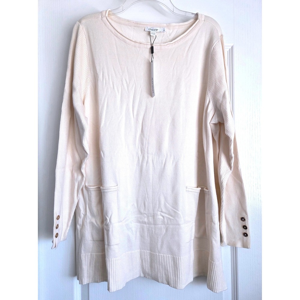 Chicos Pullover Sweater Tunic Patch Pocket English Cream Size 4/XXL Minimalist